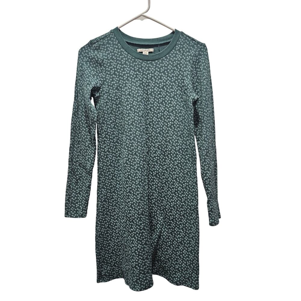 American Eagle Thermal Floral Mini Dress Long Sleeve Green Ditsy Y2K Revival S